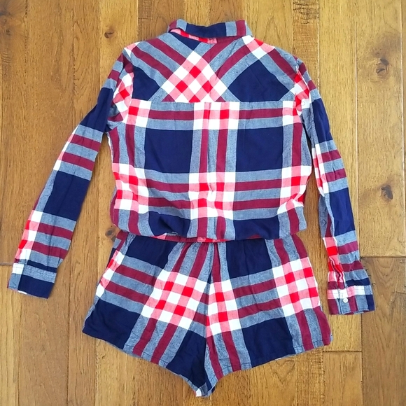 Aerie Long Sleeved Red White & Navy Blue Plaid Flannel Romper - Picture 2 of 5
